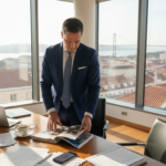 Agent reviewing property brochures in city office