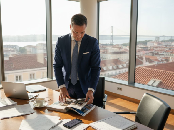 Agent reviewing property brochures in city office