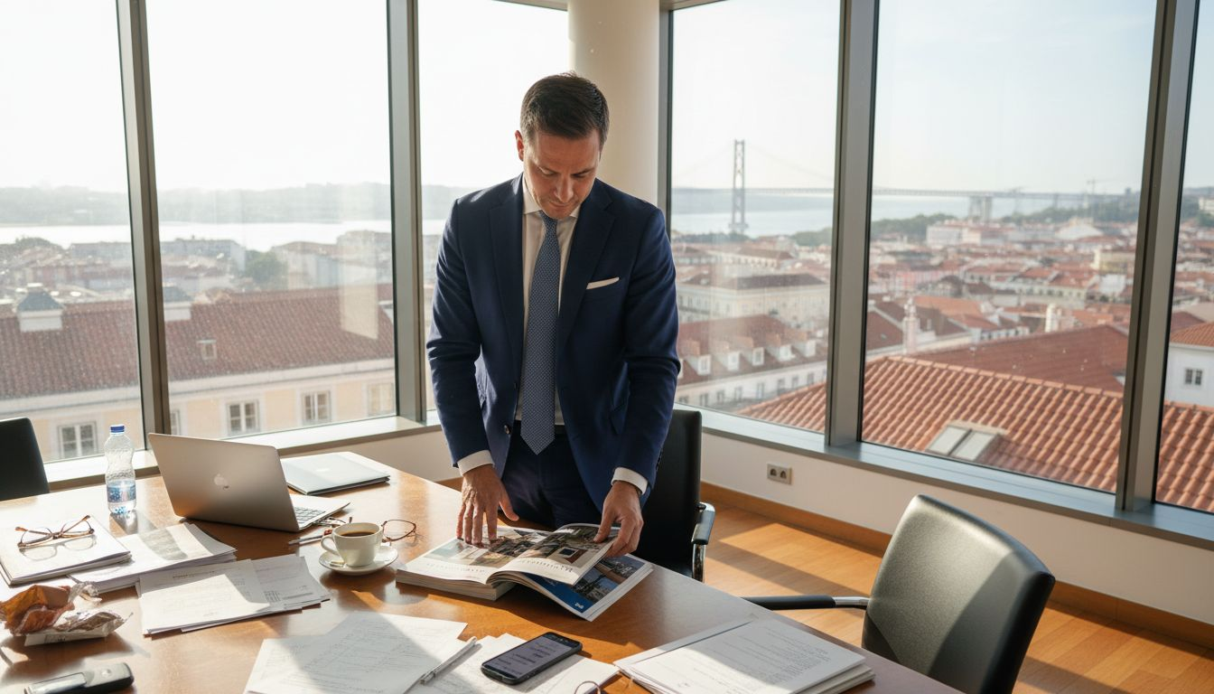 Agent reviewing property brochures in city office
