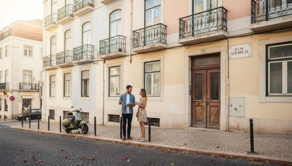 Lisbon street with real estate agent and couple