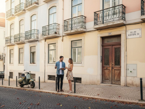 Lisbon street with real estate agent and couple