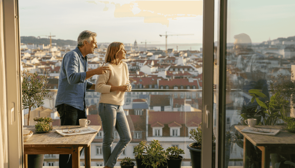 Couple on balcony overlooking Lisbon cityscape