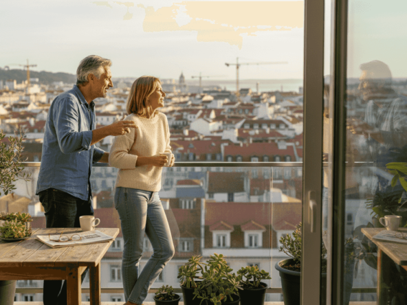 Couple on balcony overlooking Lisbon cityscape
